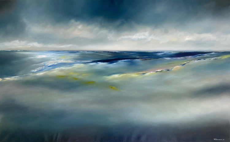 Original large oil painting on canvas of an imaginary seascape, with a lot of light, reflections, and perspective on a vast horizon. Painted from my imagination, leaving the viewer open to their own interpretation, This seascape makes me happy and calm every time I look at it. Perfect for any bright home and to bring a splash of happy colour in your home. Ready to hang, shipped worldwide.