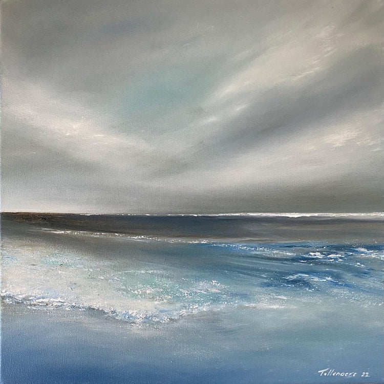 This seascape is created from my imagination, rather then referring to photography, resulting in a more abstract and expressive piece, leaving the viewer room for his own interpretation.  Painted on stretched canvas, using oil paint. It is ready to hang and framed, and has beautiful soft hues of blue, it will look great on any wall and allow you to find peace and calmness.