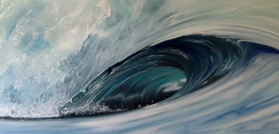 Medium size painting of a wave, painted in a realistic way, in oil. It is part of an ongoing project Making 100 waves. It would look beautiful above a wooden desk or bench or to brighten up a bedroom.  Painted a 3D canvas from the side it looks like a block of water.  This artwork is ready to hang and will give any room a contemporary feeling.