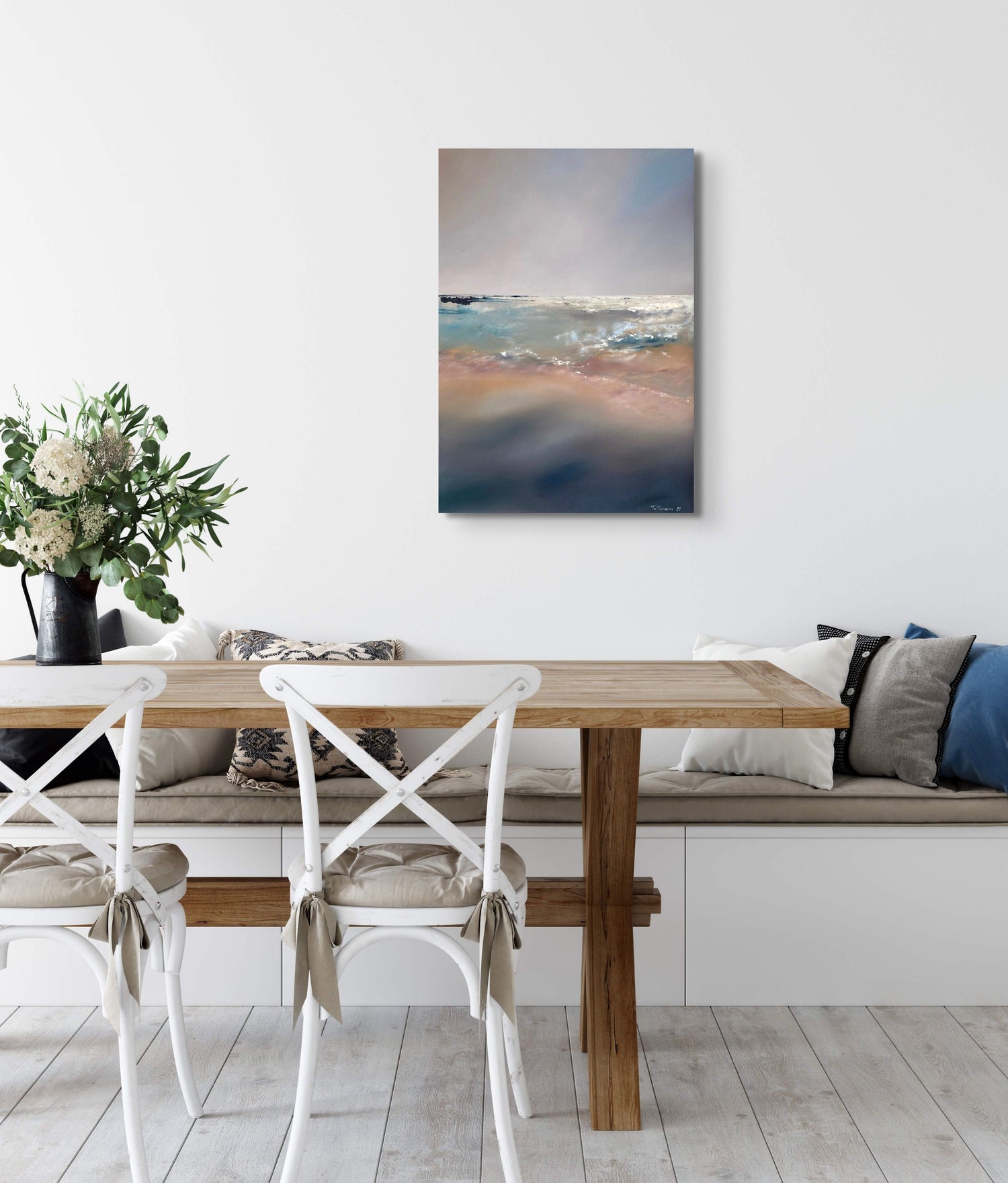 Semi abstract dreamy seascape in pastel colours , medium size , ready to hang, painted in oil on canvas