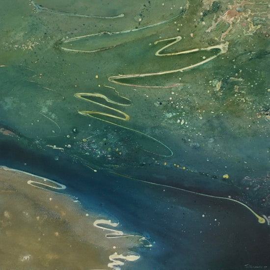 Abstract areal view of water and land, painted on marine ply wood created with mixed media. This abstract painting has a lot of texture and subtle colours but also deep blues and greens. A great addition to any interior or exterior space to brighten your day.