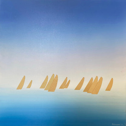 vibrant oil painting, semi realistic art with golden sails of a group of sailing boats, on one of those great blue water days. It has a modern feeling to it painted in a classic way with lots of layers of colour all blending into each other. This artwork is ready to hang, painted on 3D canvas, white on the side.