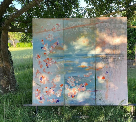 A multi panelled large artwork, made by three artists, using their unique style and medium, acrylic, ceramics and oil paint. Semi abstract painting painted on marine plywood, perfect garden art, on a large wall, contemporary art by established artists.