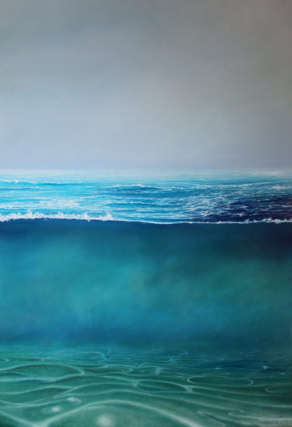 Oil painting on canvas of a wave, part of a series called "Making 100 waves".  You can loose yourself in the depths of this seascape, with the soft tones in the sky and the vibrant colours of the sea, this painting will lighten up any space.  This painting is ready to hang and measures 100 x 70 cm.