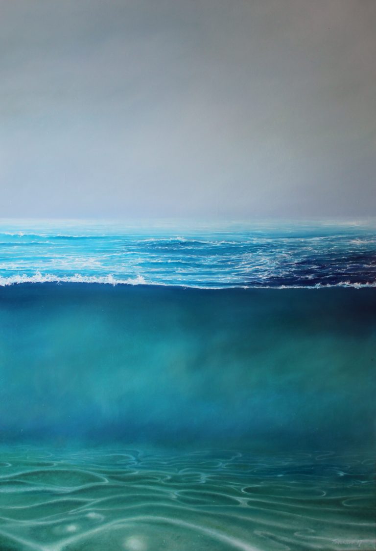 Oil painting on canvas of a wave, part of a series called "Making 100 waves".  You can loose yourself in the depths of this seascape, with the soft tones in the sky and the vibrant colours of the sea, this painting will lighten up any space.  This painting is ready to hang and measures 100 x 70 cm.