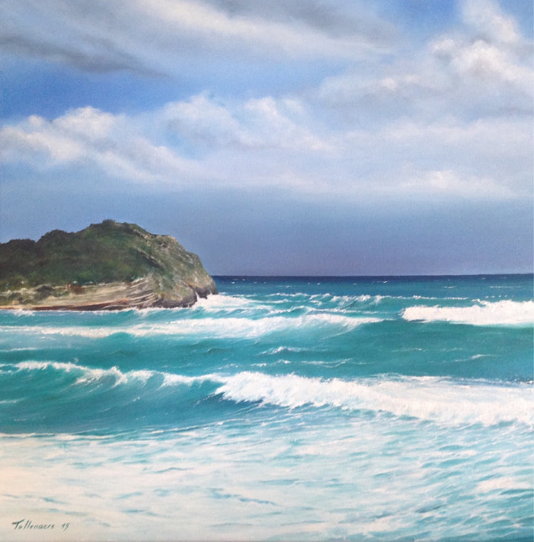 This painting is part of my project called Making 100 waves,   Painted in oil on canvas from a picture I took in the Caribbean on one of my favourite beaches;  Half Moon Bay, as the waves come rolling in they break close to the shore and create the most beautiful colours and spray in those typical Caribbean blue and turquoise colours.   This Seascape is ready to hang anywhere, and will lighten up any interior whilst giving you the opportunity to dream of a caribbean beach. 
