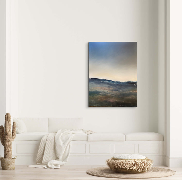 Large oil painting, depicting the ocean in earthy colours with a calming sky